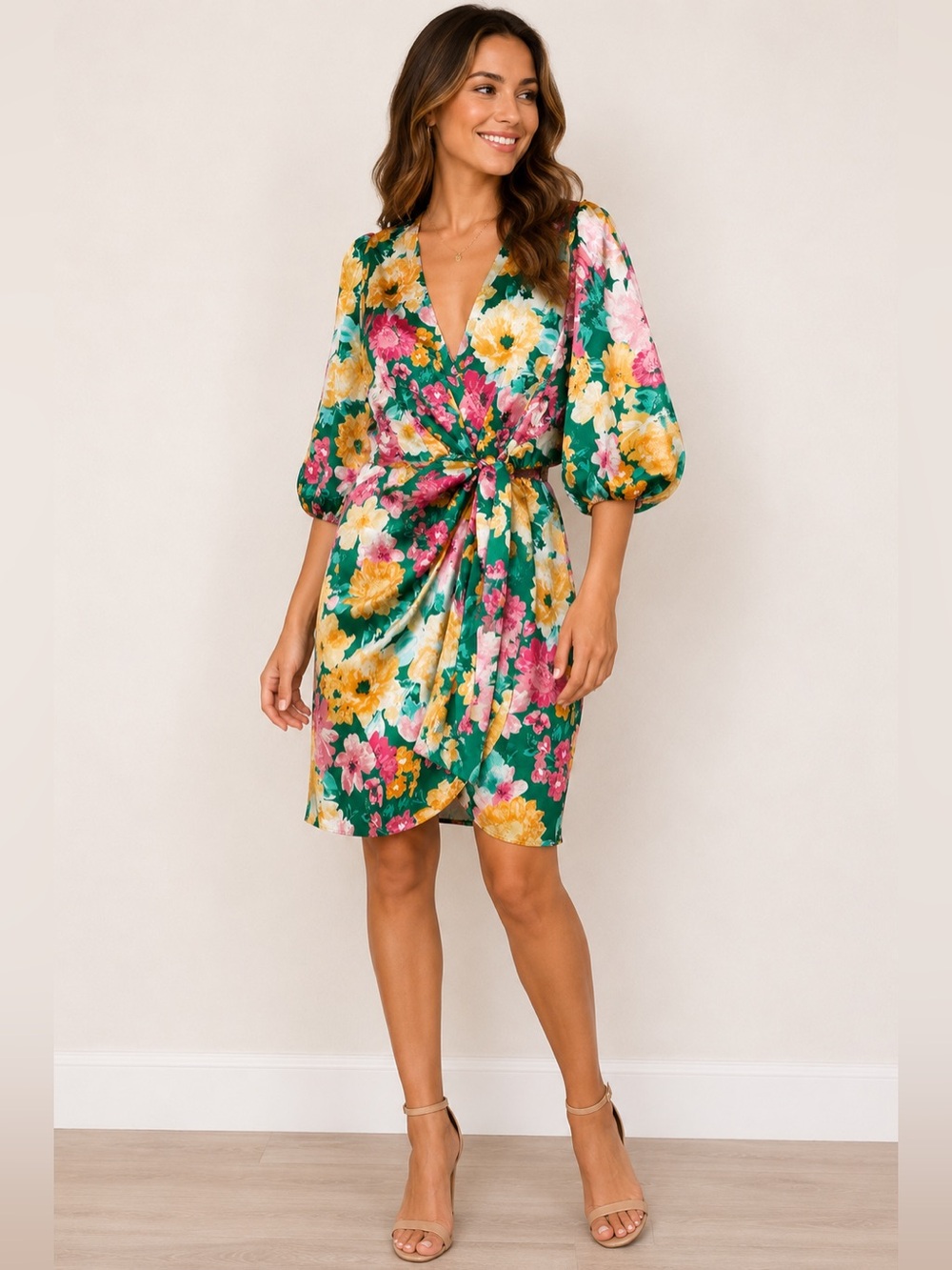 Charles Henry Floral Satin Wrap Dress Green Pink Size XS